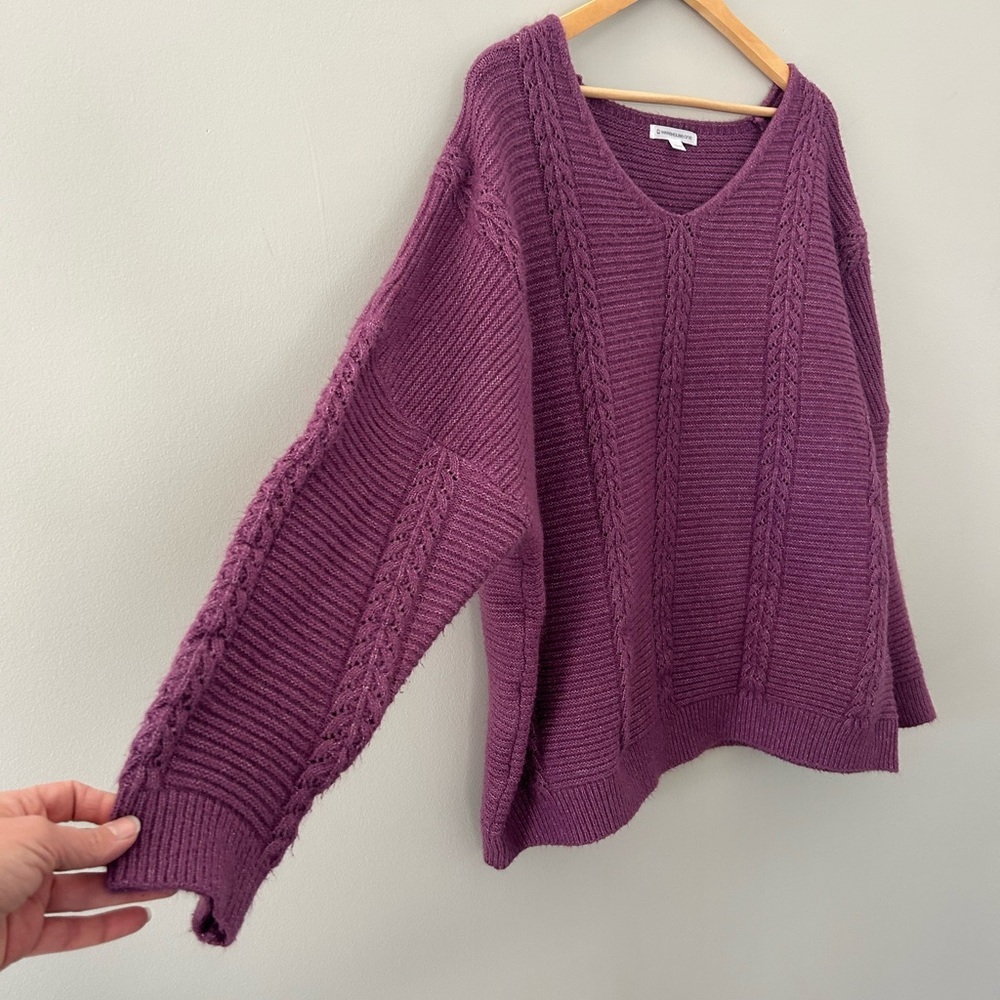 Warehouse One 3X/4X Purple V-Neck Cable Knit Sweater - Picture 4 of 6